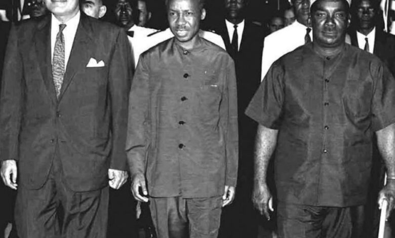 Former President Gamal Abdel Nasser during a meeting with Julius Nyerere.