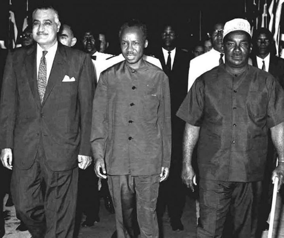 Former President Gamal Abdel Nasser during a meeting with Julius Nyerere.